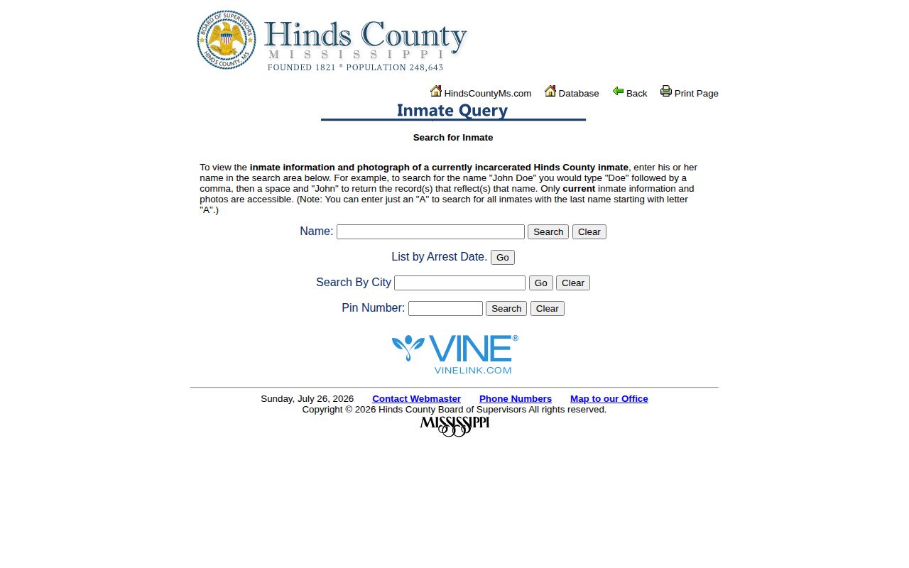 Hinds County current inmate photo query and released mugshot access limit
