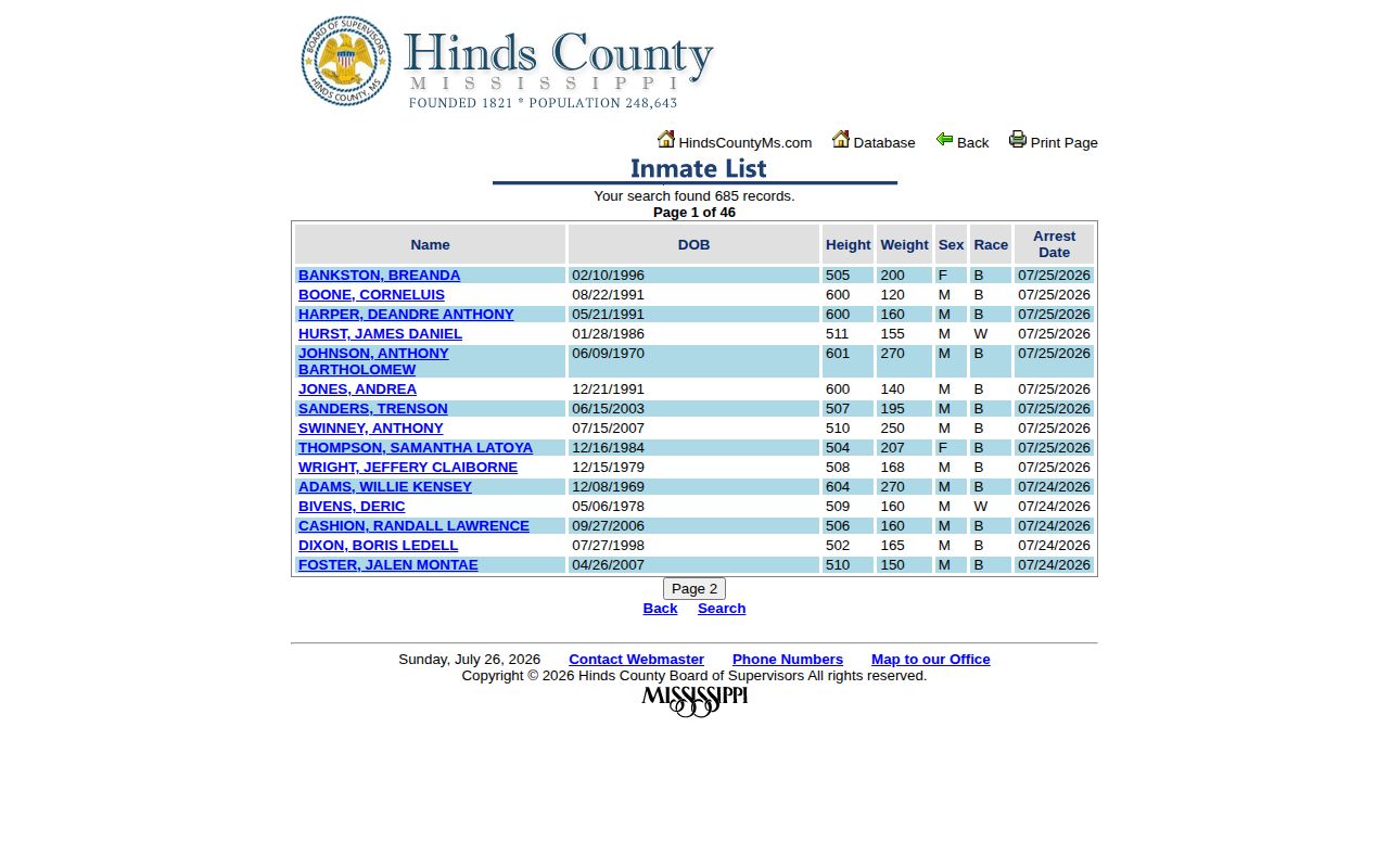 Hinds County current inmate arrest-date list that is not a 72-hour release feed