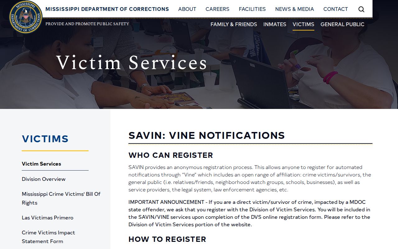 Mississippi SAVIN event information for a Hinds County VINELink release check