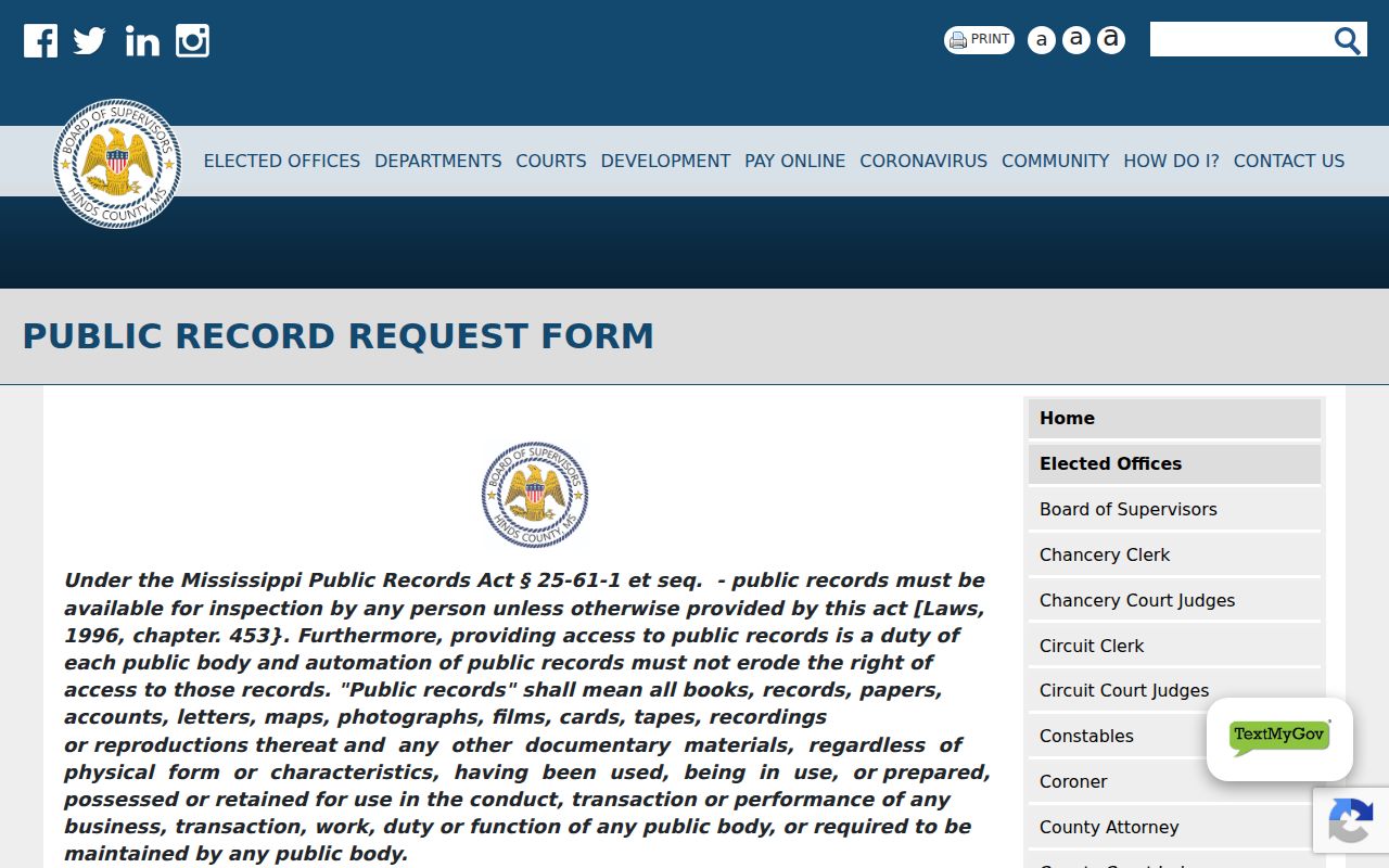 Hinds County form for requesting a released inmate booking photo